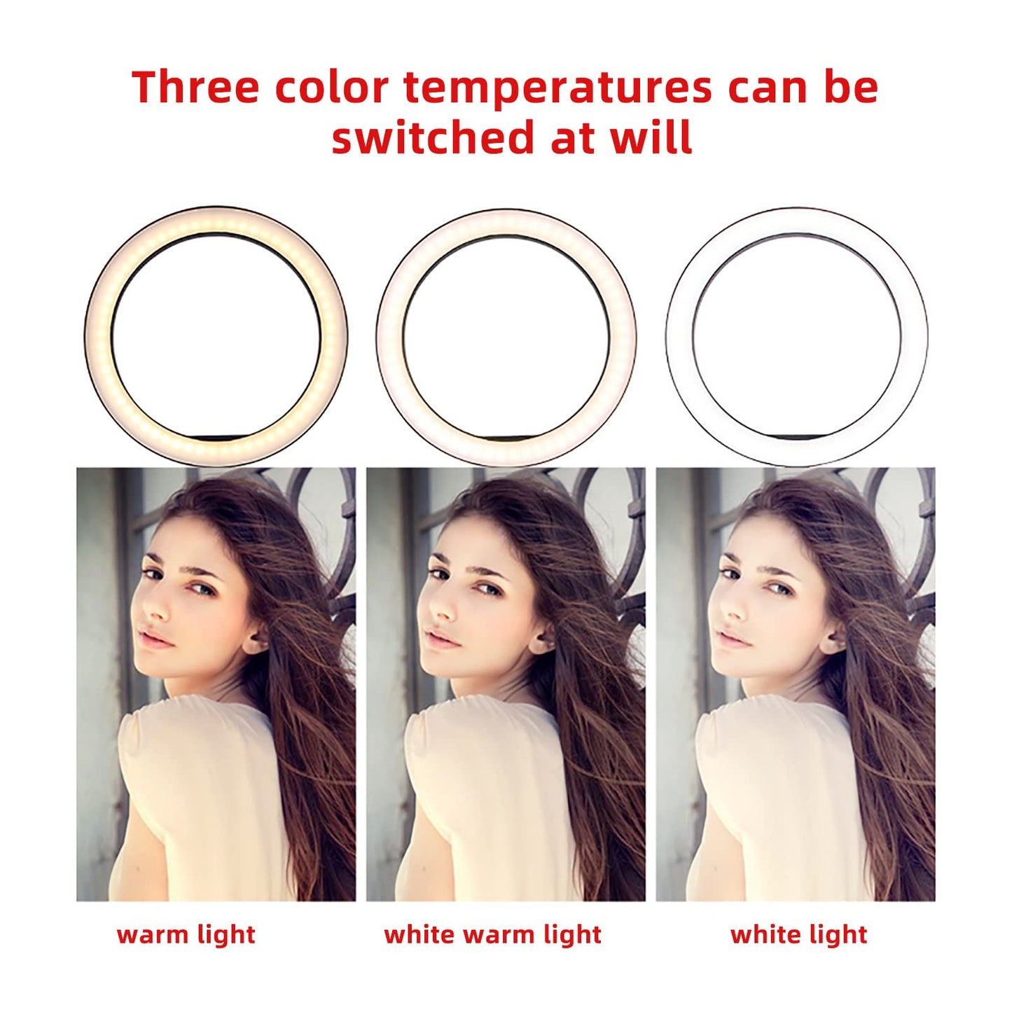 10 Inch Led Selfie Light Height Adjustable Protable Ring Lamp Tricolor Dimming 10-Level Brightness Professional Beauty Ringlight 360 Degree Rotatable Illumination Angle