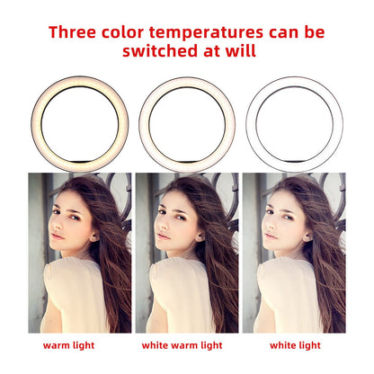 10 Inch Led Selfie Light Height Adjustable Protable Ring Lamp Tricolor Dimming 10-Level Brightness Professional Beauty Ringlight 360 Degree Rotatable Illumination Angle
