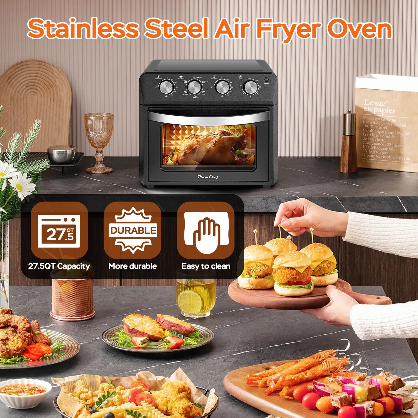 27.5QT 6-in-1 Air Fryer Toaster Oven, Dropdown-Door, 6-Slice, Countertop Convection Oven, Air Frying, Baking, Roasting, Broiling, Grilling, 1600W, Black