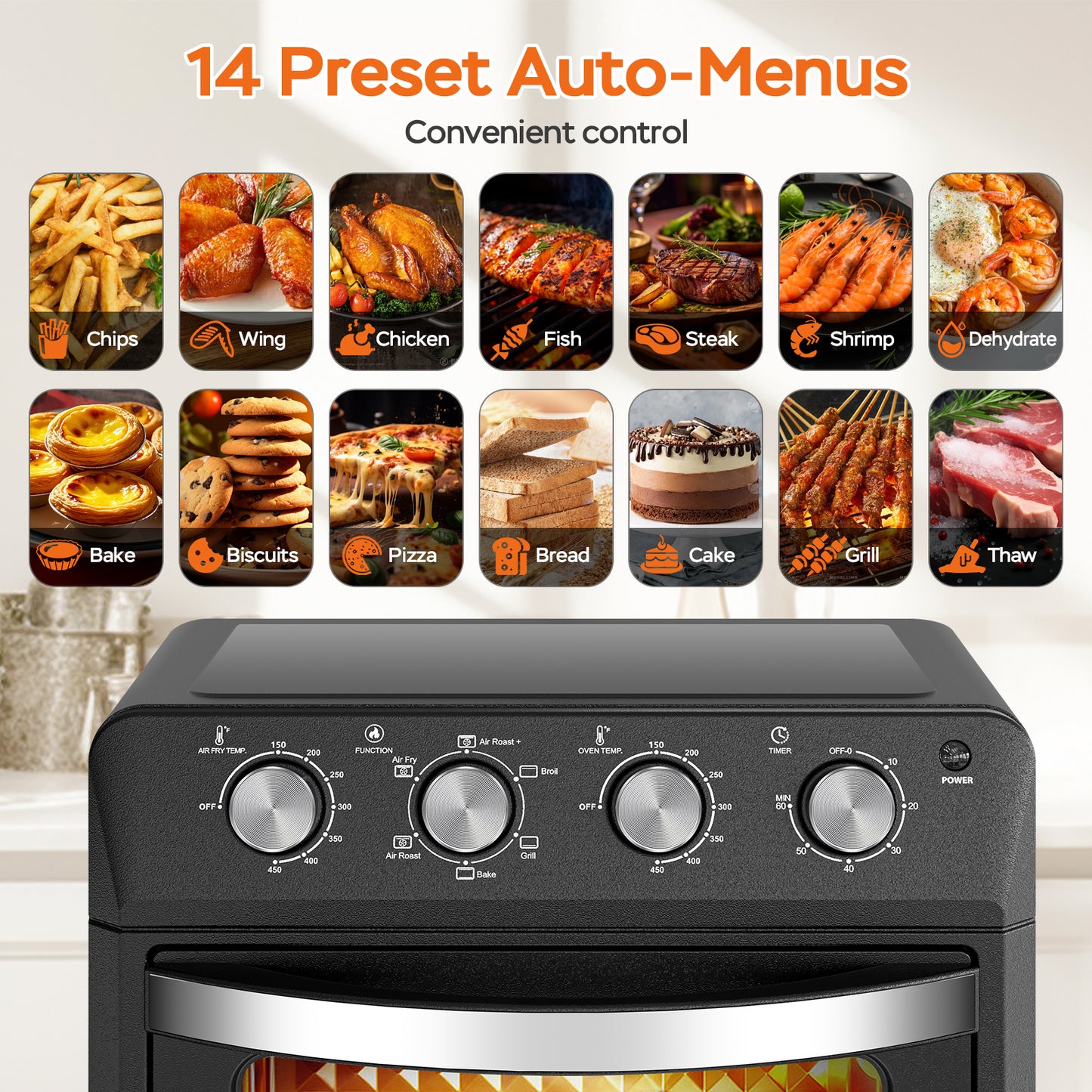 27.5QT 6-in-1 Air Fryer Toaster Oven, Dropdown-Door, 6-Slice, Countertop Convection Oven, Air Frying, Baking, Roasting, Broiling, Grilling, 1600W, Black