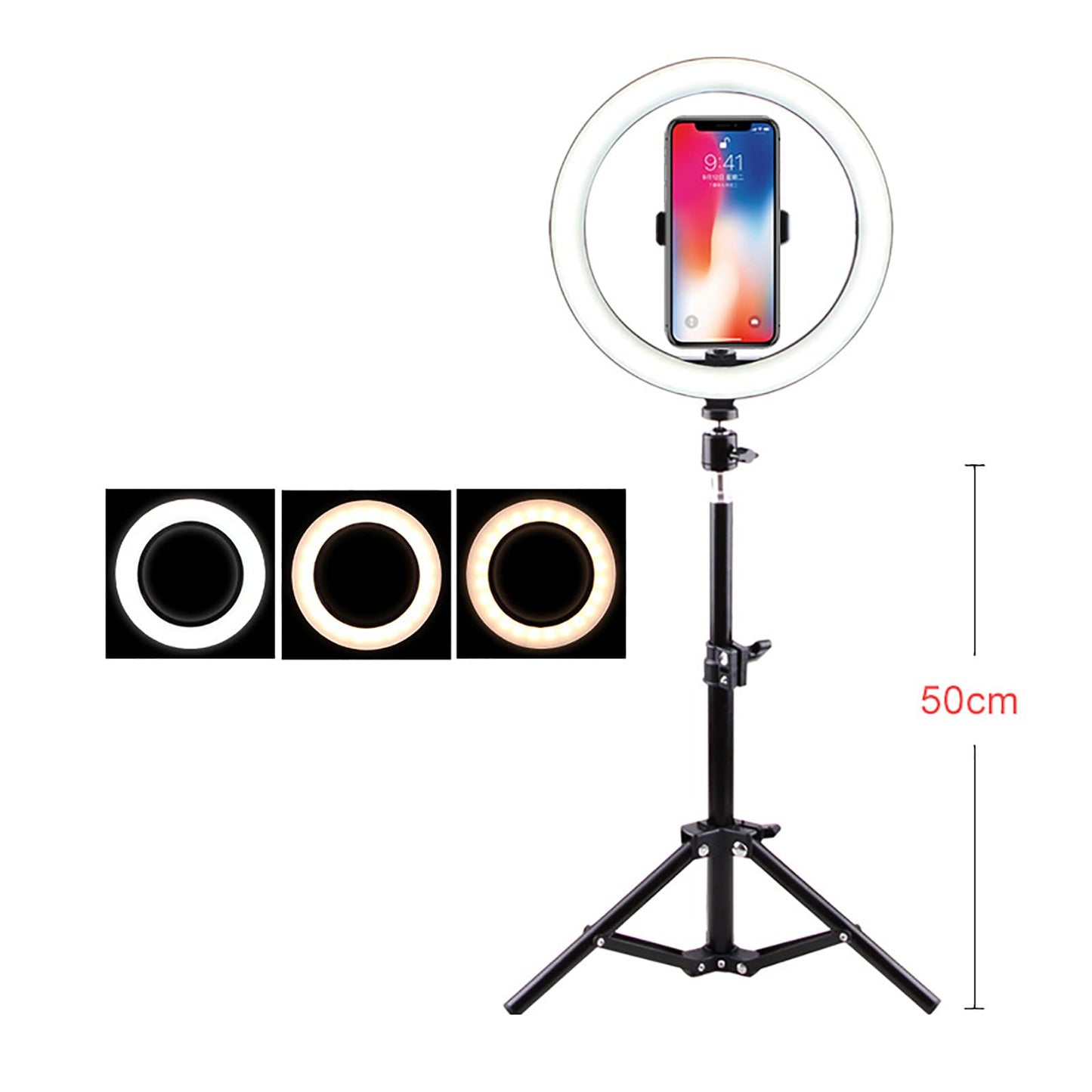 10 Inch Led Selfie Light Height Adjustable Protable Ring Lamp Tricolor Dimming 10-Level Brightness Professional Beauty Ringlight 360 Degree Rotatable Illumination Angle