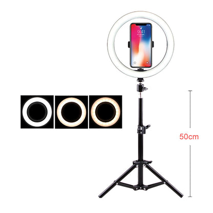 10 Inch Led Selfie Light Height Adjustable Protable Ring Lamp Tricolor Dimming 10-Level Brightness Professional Beauty Ringlight 360 Degree Rotatable Illumination Angle