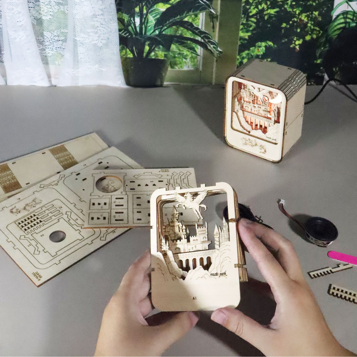 Sales Are Prohibited On The TEMU And SHEIN -MUSIC PARK Music Park 3D Wooden Puzzles Castle Music Box Night Light DIY Crafts Model Kits Birthday And Christmas Gifts