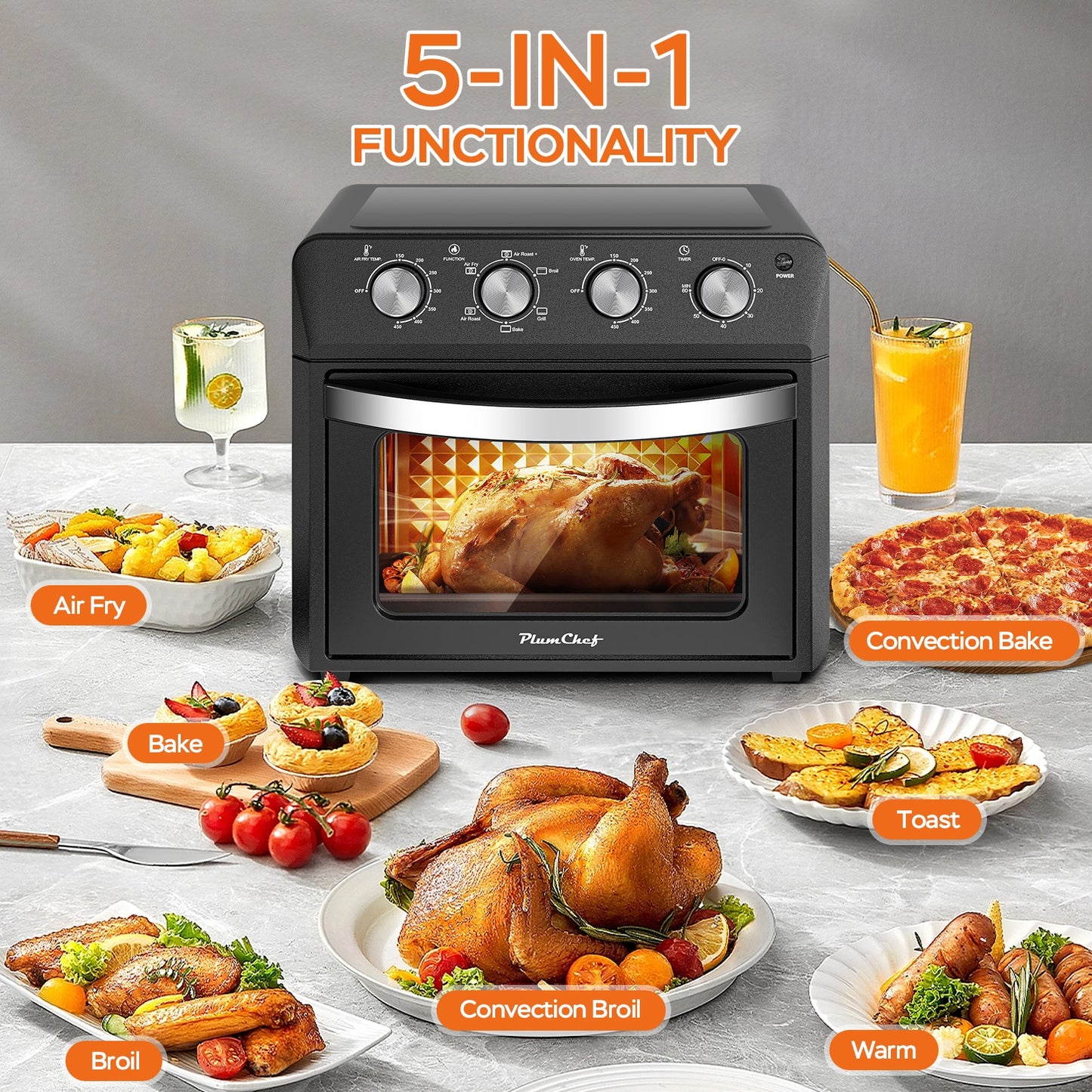 27.5QT 6-in-1 Air Fryer Toaster Oven, Dropdown-Door, 6-Slice, Countertop Convection Oven, Air Frying, Baking, Roasting, Broiling, Grilling, 1600W, Black
