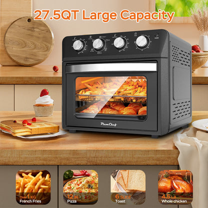 27.5QT 6-in-1 Air Fryer Toaster Oven, Dropdown-Door, 6-Slice, Countertop Convection Oven, Air Frying, Baking, Roasting, Broiling, Grilling, 1600W, Black