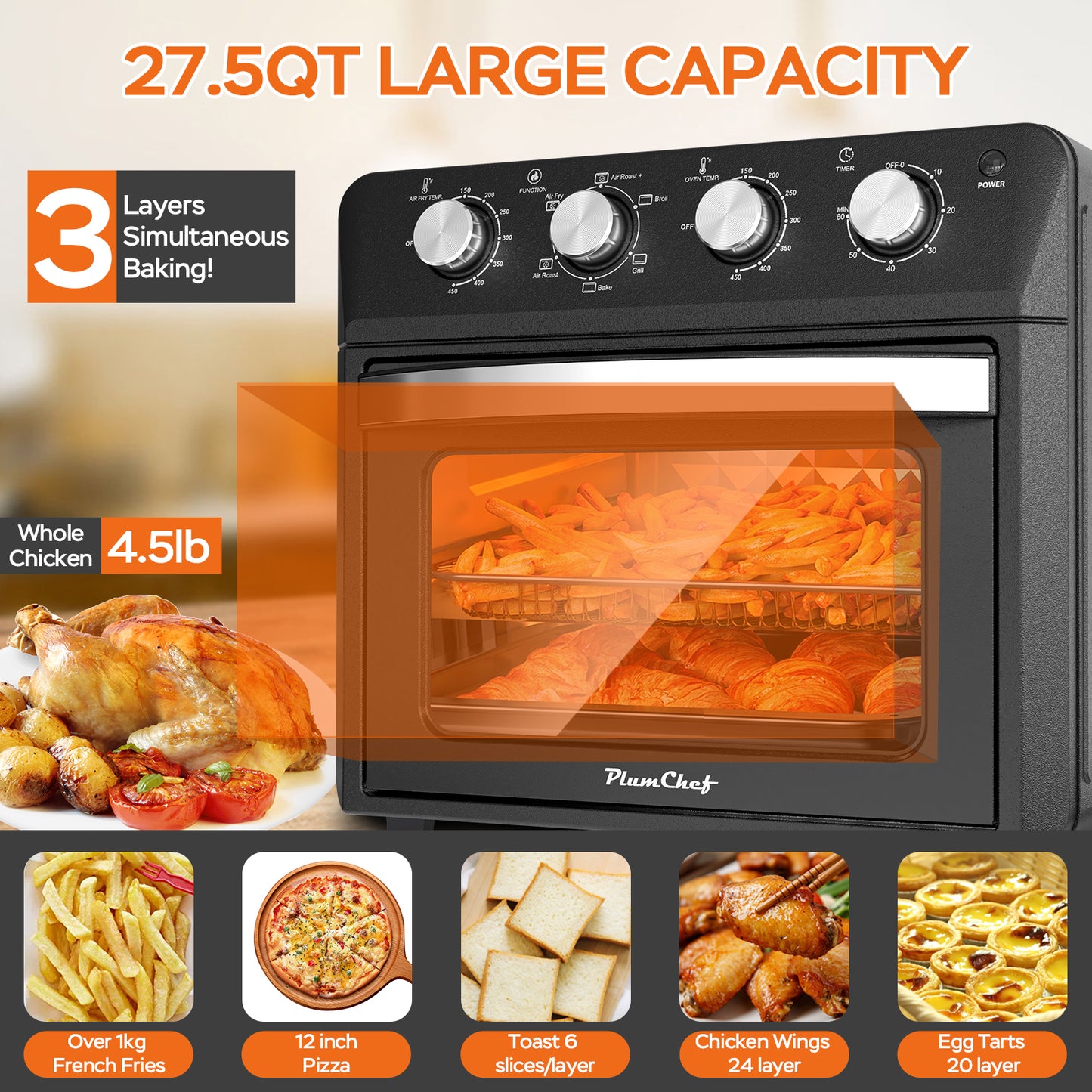 27.5QT 6-in-1 Air Fryer Toaster Oven, Dropdown-Door, 6-Slice, Countertop Convection Oven, Air Frying, Baking, Roasting, Broiling, Grilling, 1600W, Black