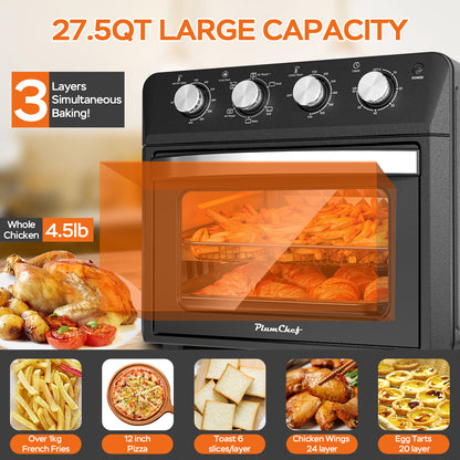 27.5QT 6-in-1 Air Fryer Toaster Oven, Dropdown-Door, 6-Slice, Countertop Convection Oven, Air Frying, Baking, Roasting, Broiling, Grilling, 1600W, Black