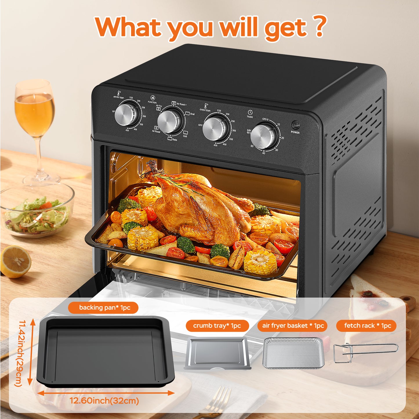 27.5QT 6-in-1 Air Fryer Toaster Oven, Dropdown-Door, 6-Slice, Countertop Convection Oven, Air Frying, Baking, Roasting, Broiling, Grilling, 1600W, Black