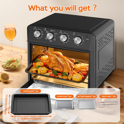 27.5QT 6-in-1 Air Fryer Toaster Oven, Dropdown-Door, 6-Slice, Countertop Convection Oven, Air Frying, Baking, Roasting, Broiling, Grilling, 1600W, Black