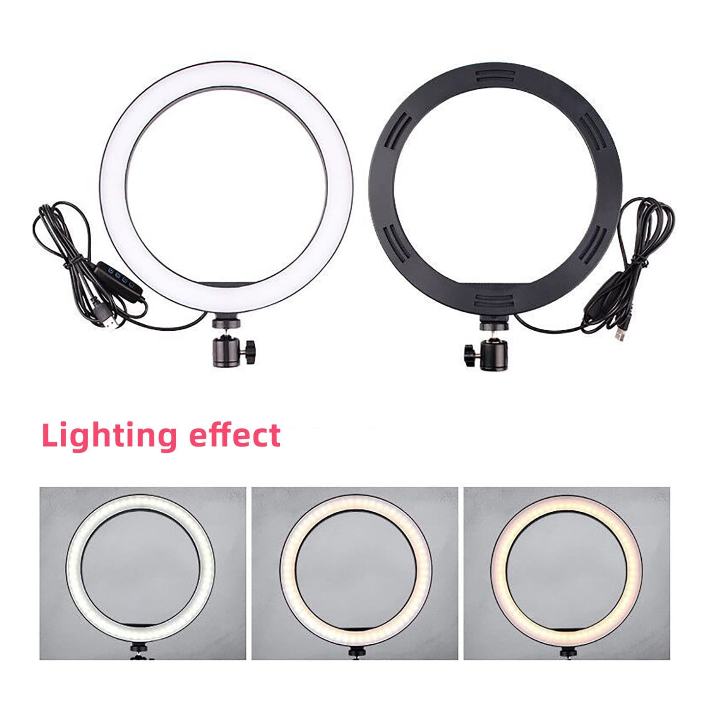 10 Inch Led Selfie Light Height Adjustable Protable Ring Lamp Tricolor Dimming 10-Level Brightness Professional Beauty Ringlight 360 Degree Rotatable Illumination Angle